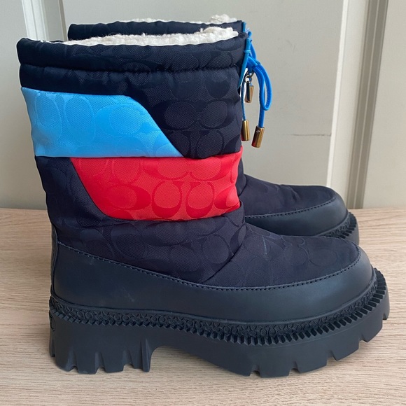 COACH PUFFER SNOW BOOTS COMBAT BOOTS NAVY/ RED Women- SZ 7 - Picture 6 of 14